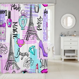 Paris Eiffel Tower Kids Shower Curtains,High Heel Lipstick Makeup Girly Bathroom Curtains for Girls Boys Adults,Eyelash Fashion Colorful Romantic Waterproof Curtains,12 Hooks Suits,72" W x 72" L