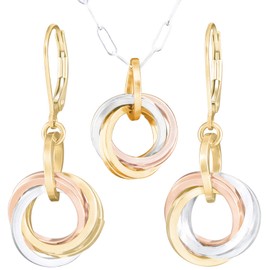 Tricolor Everyday Jewelry Gift Set for Women with Secure Leverback Earrings and Pendant Necklace in 14K Yellow and Rose Gold-Fill and 925 Sterling Silver - 18 Inch