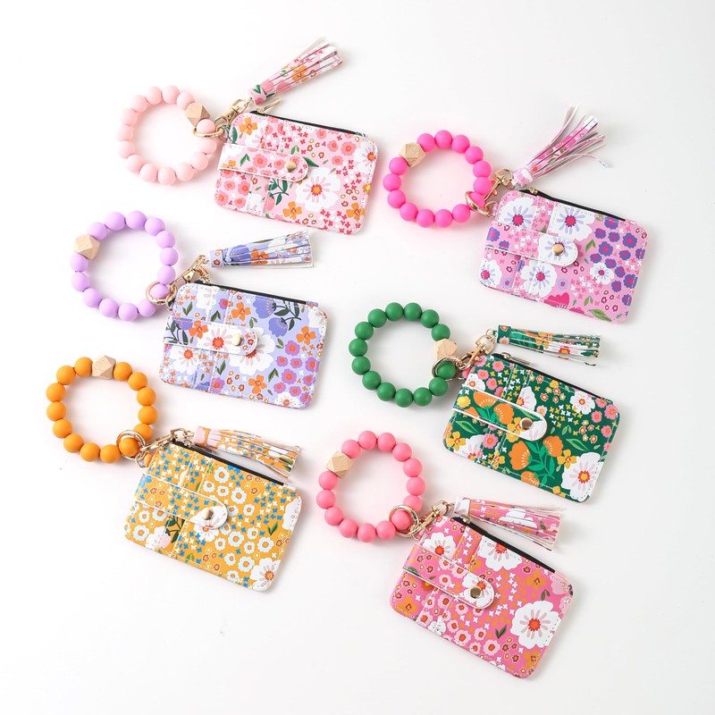 Heracantha Women’s Boho Beaded Wristlet Keychain Wallet – Floral Pattern