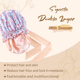 Syvvste Silk Bonnet for Sleeping Women Double Layer Satin Bonnet Satin Lined Hair Bonnet with Tie Band Curly Natural Hair Cherry, One Size
