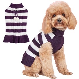 Jecikelon Striped Dog Sweater Dress Knit Turtleneck Puppy Clothes Winter Warm Pet Knitwear Dresses for Small Dogs Cats Pullover Outfits with Pom Pom Ball (Medium, Purple)