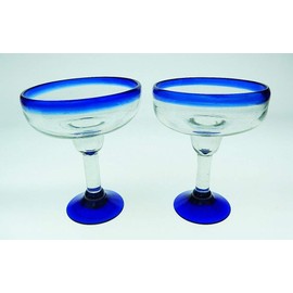 Mexican Glass Margarita Blue Rim, Hand Blown, set of 4