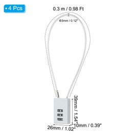 PATIKIL 4 Pack 3 Digit Combination Lock, Helmet Padlock Cable Lock Gym Locker Lock with 0.98Ft Flexible Security Steel Lock Wire for Bike Locker Travel Luggage, Grey