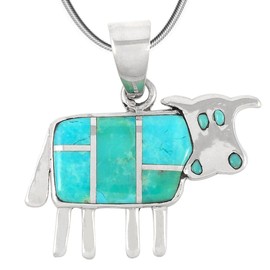 Cow Turquoise Pendant Necklace Sterling Silver 925 (Sterling Silver Pendant with 20" Stainless Chain) (Turquoise)