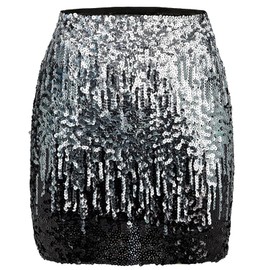 Sequin Skirt for Women, Glitter Skirt, Skirt with Sequins, Glitter Skirt, Short Women, Stylish Skirt, Hip Skirt with Elastic Waist for Women, for Carnival, Party, Rave Outfit, Size XL, black silver