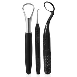 Oral Care Dental Cleaning Kit, Dental Mirror with Light, Explorer Pick, and Tongue Scraper Quality Stainless Steel Dental Tools, Easy-Grip Handle (black mirror)