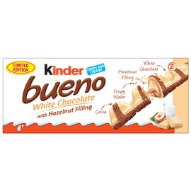 Kinder Bueno White Chocolate and Hazelnut Cream Candy Bar, 2 Individually Wrapped 1.4 oz each, 30 Pack - Limited Edition
