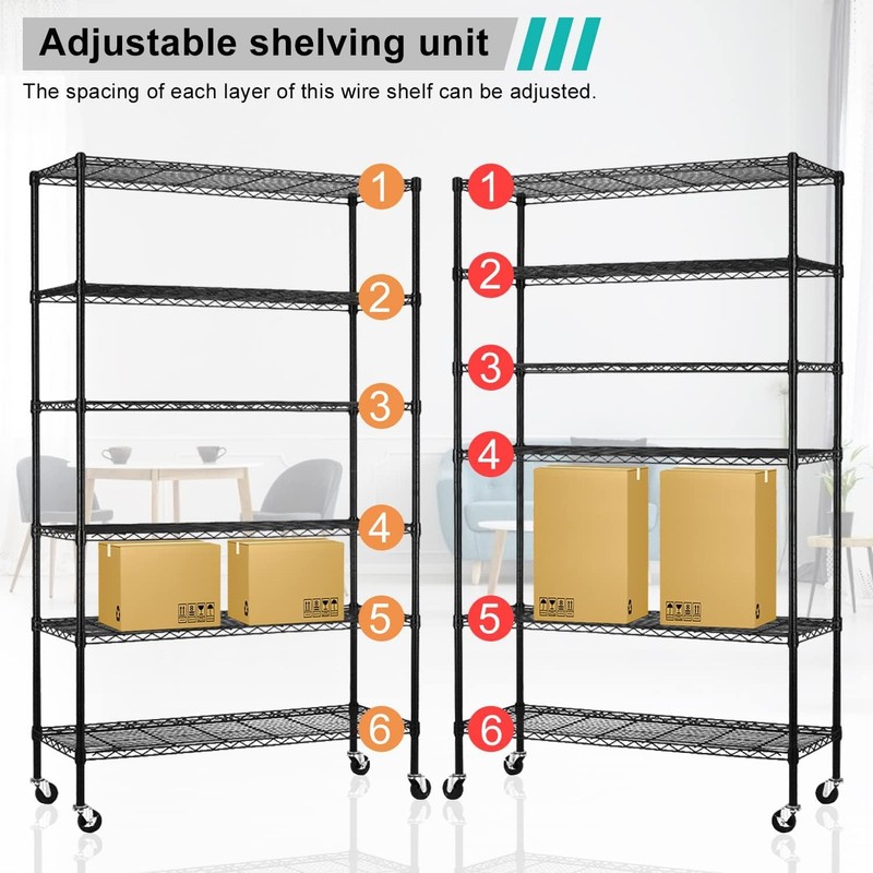 Lynkloft Storage Shelves with Wheels 6 Tier Wire Shelving Adjustable