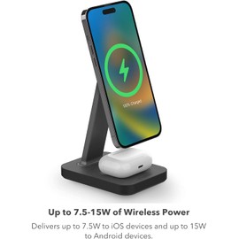 Mophie Snap+ 2-in-1Charge Stand & Pad - 15w Wireless Charger Compatible with iPhones & AirPods, Includes Snap+ Adapter for Other Qi Enabled Phones, Steel Base, Adjustable Angles