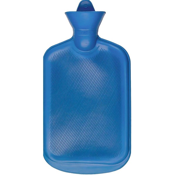 Botella de agua caliente de goma clásica, ideal para aliviar el dolor, caliente (2 litros, azul)
