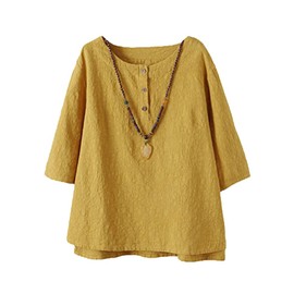 FTCayanz Women's Linen Tops Shirts Summer Casual Jacquard Tunic Blouse XX-Large Yellow