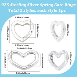 SUNNYCLUE 1 Box 2Pcs 925 Sterling Silver Gate Rings Heart Spring Clasp Love Hearts Shaped Bracelets Necklace Closures Connectors Carabiner Snap Clip Ring for Jewelry Making DIY Crafts Accessories