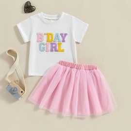 Baby Girl Birthday Outfit Embroidery Birthday Girl Shorts Sleeve Shirts and Tutu Skirts Set Baby Girl Birthday Outfit (Pink, 1-2 Years)
