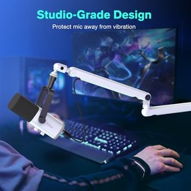 FIFINE Boom Arm Mic Stand, Low Profile Metal Microphone Stand, Podcast Mic Boom Arm with Desk Mount, Cable Channels Management, White for Recording/St