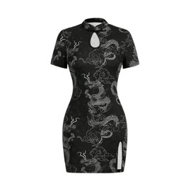 SOLY HUX Women's Chinese Cheongsam Short Sleeve Dragon Print Dress Mini Bodycon Evening Dresses Black Printed Small
