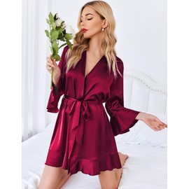 HOTOUCH Ruffle Hem Robes Women Short Satin Robe 3/4 Sleeve Silky Bridal Party Robes Lounge Robe Sleepwear Wine Red M