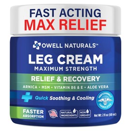 OWELL NATURALS Crema Para Piernas Relief, Fórmula Calmante De Penetración Profunda, De Acción Rápida Y Máxima Potencia Con Árnica, Aloe Vera Y Vitamina E, Para Músculos, Pantorrillas, Pies Y Tobillos,