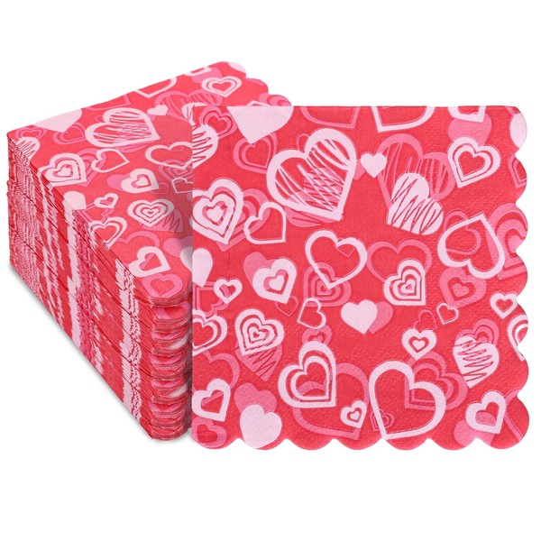FYSUIMU 100Pcs Valentine's Day Paper Napkins Scalloped Pink Heart Disposable