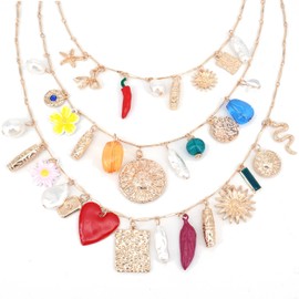 GOGZBD 3 Pcs Layered Pendant Necklaces for Women Sea Shell Beach Charm Beaded Choker Necklace for Summer Holiday Party (Colorful charms)