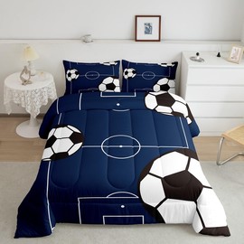 jejeloiu Football Comforter Set Full Size Kids Soccer Ball Pattern Comforter for Boys Girls Teens Sports Theme Bedding Set Breathable Football Court Duvet Set Room Decor Quilt Set