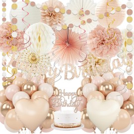Champagne-Gold Beige Fall Boho Birthday Party Decorations 62pcs Happy Birthday Banner, Peach White Paper Lanterns, Streamers, Tissue Pom Poms, Blush Beige Boho Party Balloons, Rustic Backdrop Decor