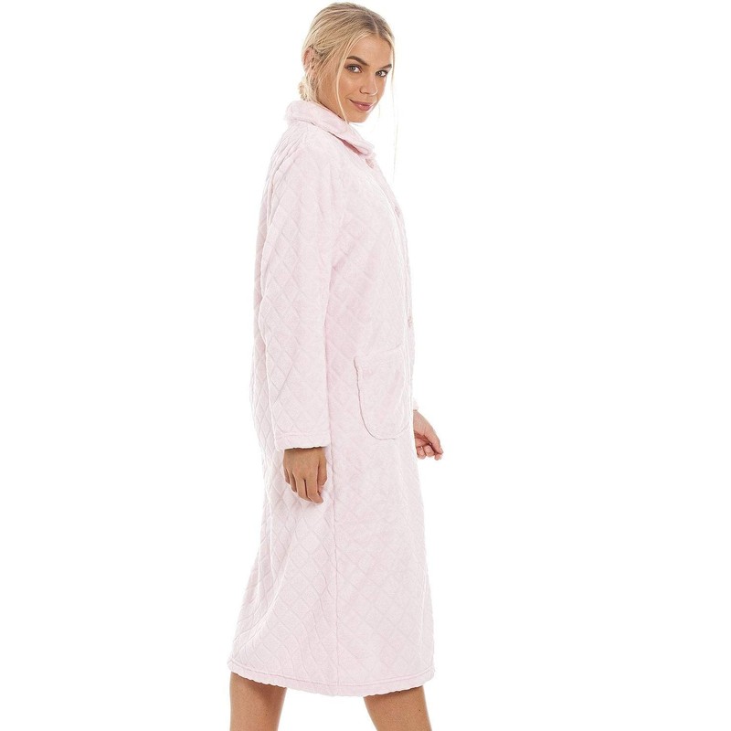 Camille Women's Super Soft Fleece Housecoat -Diamond Print Button Up