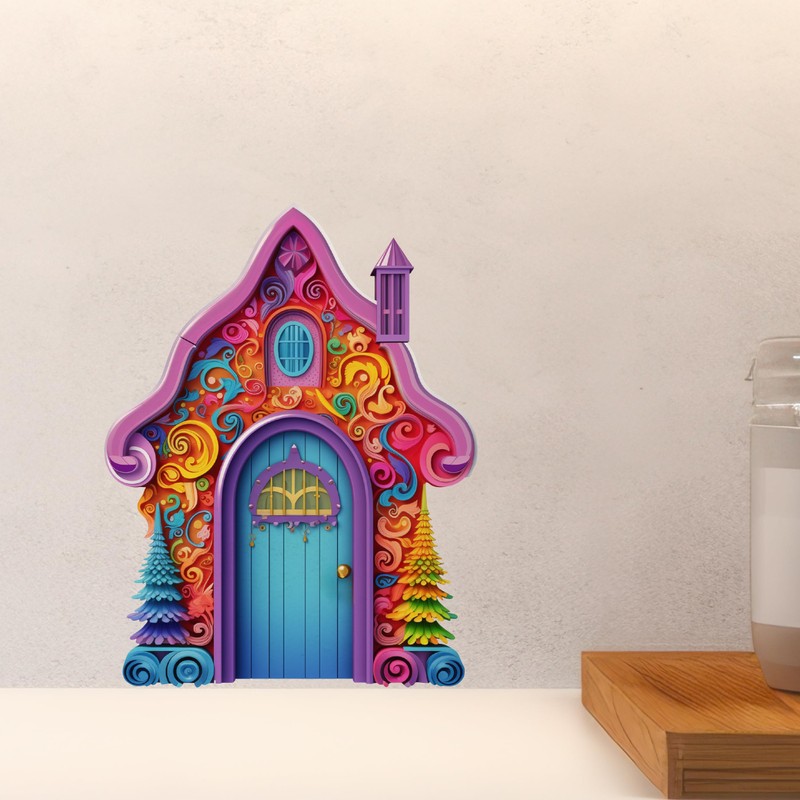 Bright Rainbow House with Trees - Fairy Door Wall Sticker