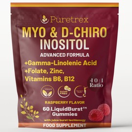 Myo-Inositol & D-Chiro Inositol Gummies 40:1 - Raspberry Flavor - Advanced Formula with GLA, Folate, Zinc, B6, B12 - Vegan, Sugar-Free, 60 LiquidBurst™ Gummies for Women’s Hormonal Balance