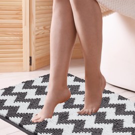 CozeCube Grey Chenille Bath mat 24" x 16", Chevron Soft Bath Mats for Bathroom Non Slip, Fluffy Shag Bath Rugs Machine-Washable, Plush Absorbent Shower Mat