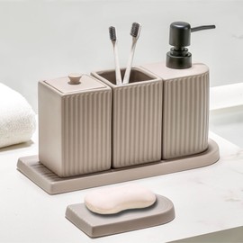 Carrot's Den Bathroom Accessories Set - Ceramic Toothbrush Holder, Lotion/Soap Dispenser, Cup, Soap Dish, Cotton Swab Holder (Light Taupe)