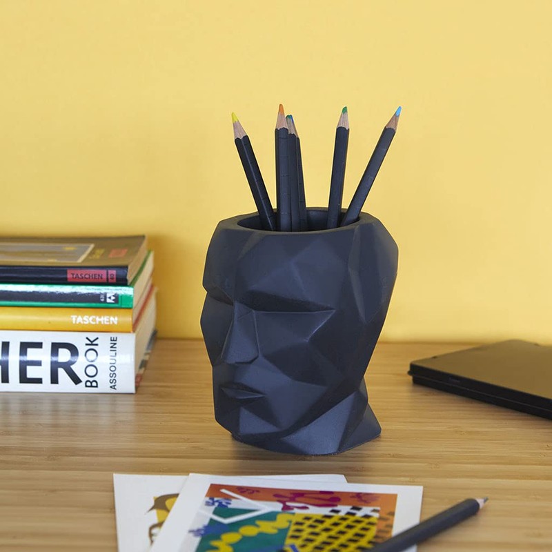 balvi The Head Pen Container Black Geometric Stylized Head Shape