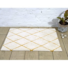 SHIKARA 100% Organic Bathroom Rug, Diamond Pattern Non Slip Soft Absorbent Shower Mats Washable Bath Rug Runner Floor Door Carpet 36x24 inches, Luxury Yellow-White