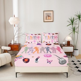jejeloiu - Juego de cama de música para niñas para mujer, funda de cama para guitarra cantante, tamaño queen, estética rosa, moderno, disco, serpiente, mariposa, sábana bajera ajustable con bolsillo