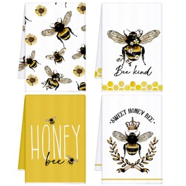 Tegeme 4 Pcs Christmas Bee Kitchen Tea Towel Honey Bee Dish Towels Honeycomb Bath Washcloth Hand Polyester Absorbent Cloths Accessories for Kitchen Decor, 16 x 24 Inch(Yellow, White,Honey)