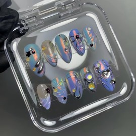 French Tip Press on Nails Long Almond Fake Nails with 3D Pentagram Heart Embossed Pattern Bow Design Rhinestones Full Cover Stick on Nails Suitable for Women Daily Nail Decoration Kit 24Pcs