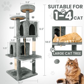 NINESHI 58" Cat Tree Large Cat Tower Condo w/Multi-Level Scratching Post for All Indoor Cats (Grey)