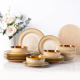 LERATIO Ceramic Dinnerware Sets for 6,Handcraft Embossed Stoneware Plates and Bowls Sets,Highly Chip and Crack Resistant | Dishwasher & Microwave & Oven Safe Dishes set,Service for 6 (18pc)-Kahki