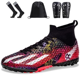Zapatos de Fútbol para Hombre Profesionales, Tacos Calzado de Futbol, Tacos de Futbol Soccer para Adultos y Adolescentes, Tacos de Fútbol para Entrenar al Aire Libre Atletismo Interiores Exteriores (Negro rojo, Adulto, 26.5 cm, Medición, Sistema tallas c