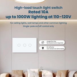 1000W Touch Light Switch No WiFi,4.65 × 2.83 × 1.34 Inches,No Neutral Wire Required,Non-Dimmable Tempered Glass Wall Switch,110–220V AC,White 3 Button