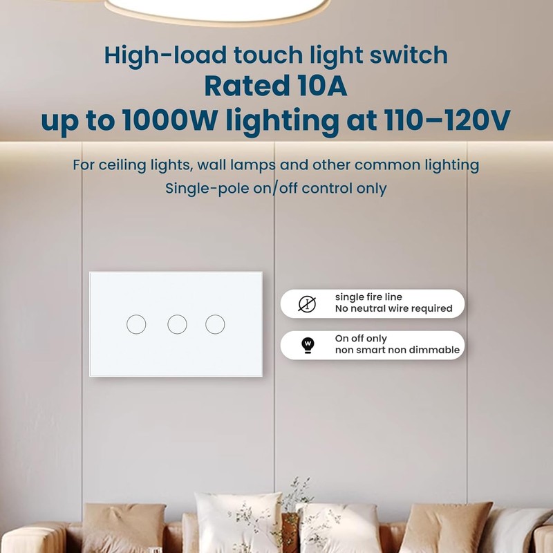 1000W Touch Light Switch No WiFi,4.65 × 2.83 × 1.34