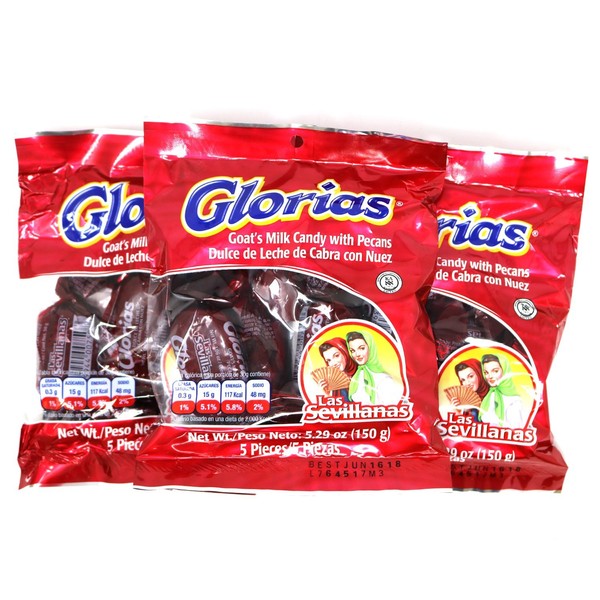 Glorias Las Sevillanas - Goat Milk Candy with Pecans 15.87 oz - 15 Pieces (3 Packs, 5 Units/Pack)
