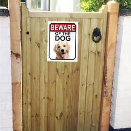SHAWPRINT BEWARE OF THE DOG METAL GATE SIGN GOLDEN RETRIEVER 200MM X 150MM (1137H1)