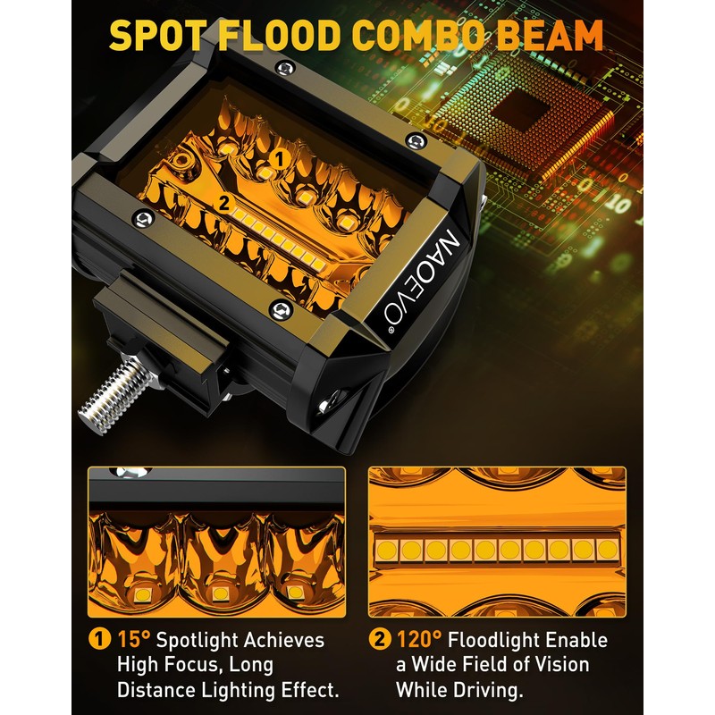 NAOEVO 4 Inch LED Pod Lights, Spot Flood Amber LED