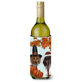 Caroline's Treasures PPP3087LITERK Dachshund Thanksgiving Pilgrims Wine Bottle Hugger Bottle Cooler Sleeve Hugger Machine Washable Collapsible Insulator Beverage Insulated Holder
