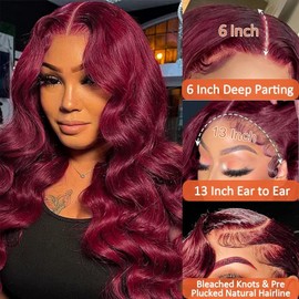 99j Burgundy Lace Front Wigs Human Hair Pre Plucked 13x6 Lace Frontal Human Hair Wigs for Black Women 180% Density Body Wave Glueless Human Hair Wig Pre Plucked Bleached Knots with Baby Hair 30 Inch