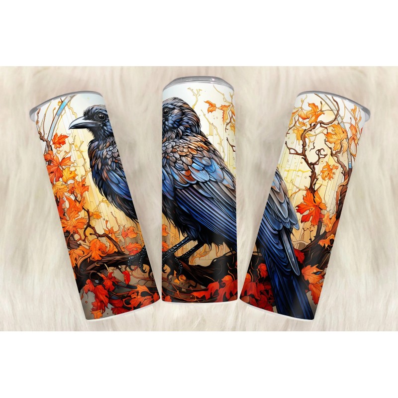 Handmade Autumn Raven 20 oz Tumbler – Fall Leaves &