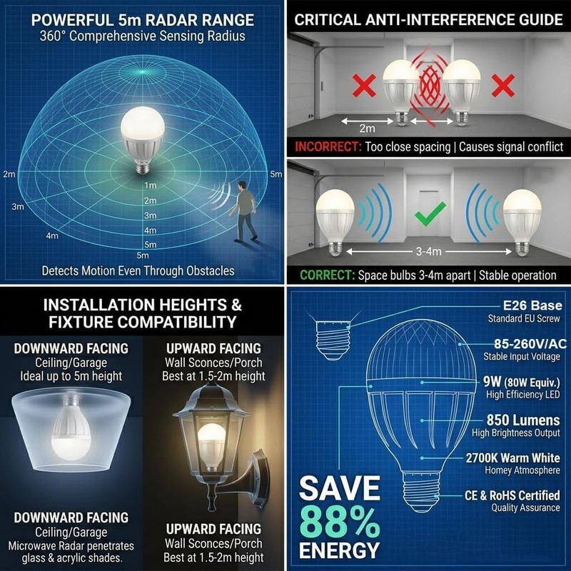 KarlunKoy Radar Motion Sensor Light Bulb, 9W 2700K Warm White,