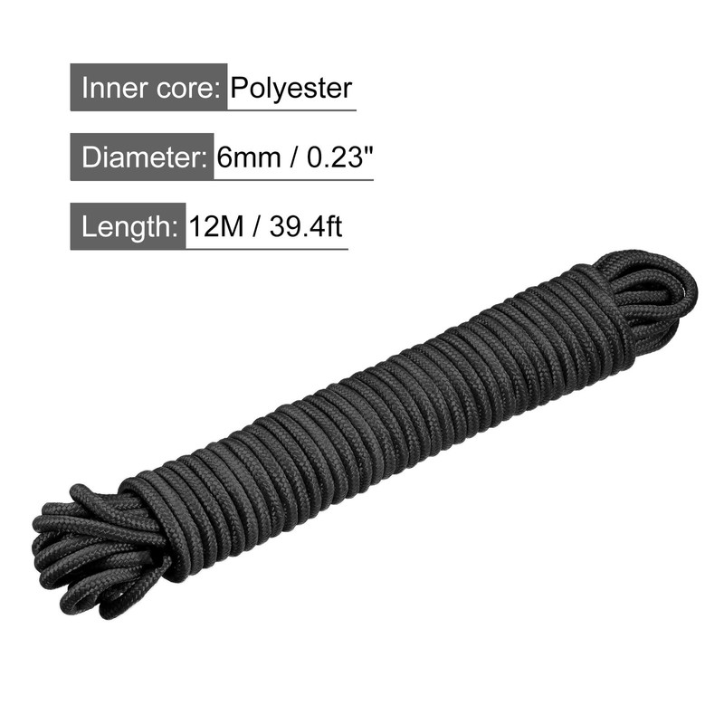 sourcing map Polypropylene Rope Braid Cord 12M/39.4ft 1/4" Black for