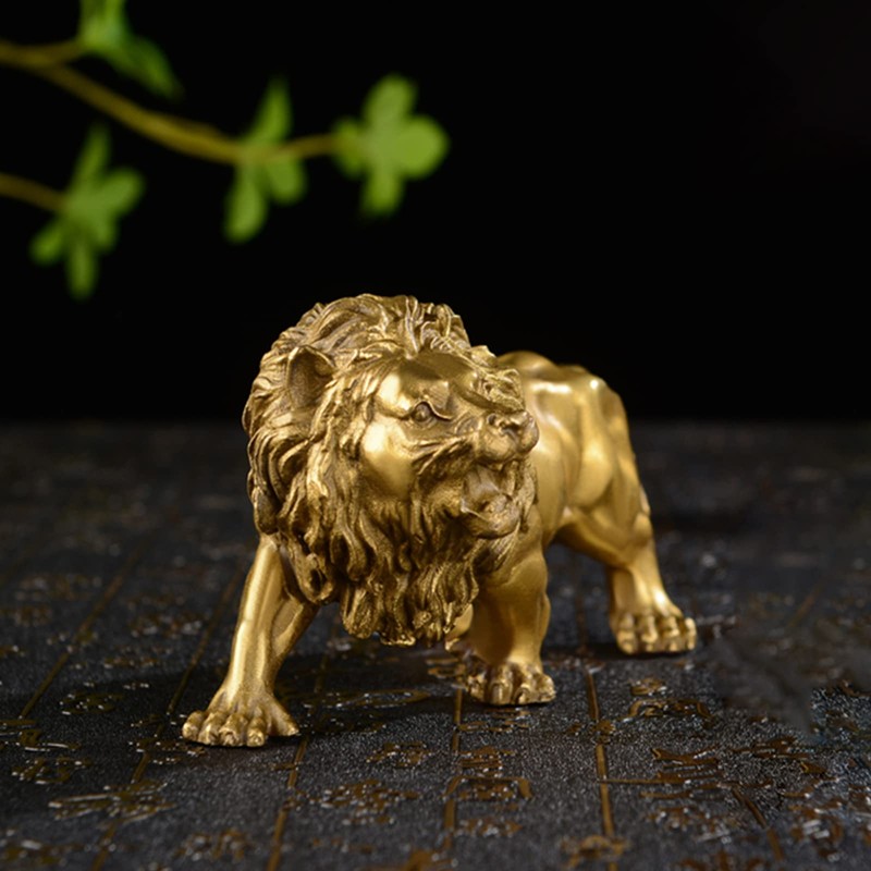 STCREE Fengshui Brass Lion Statue Handmade Modern Gold Figurine Home