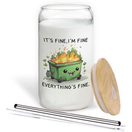 BEHIFL Dumpster Fire Gifts Glass Cup with Lids and Straws 14oz, It's Fine I'm Fine Everything's Fine Funny Glass Iced Coffee Tumbler Drinking Jars with Cleaning Brush, Funny Gifts for Women Men